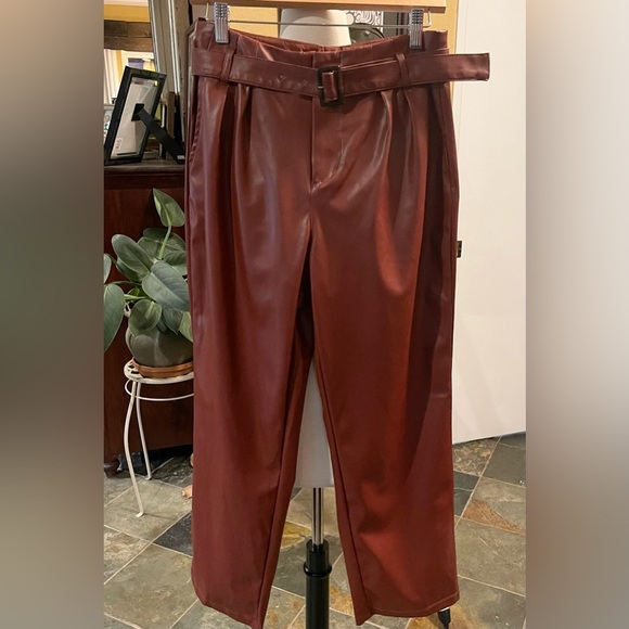 WHO WHAT WEAR ~ High-Rise Belted Pleated Faux Leather Pants ~Fired Brick ~Size 4 - Picture 5 of 9